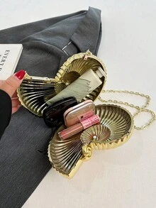 优雅的贝壳形手拿包，独特设计的女士贝壳包，时尚闪亮的晚会手提包，配有链条肩带、单肩包/斜挎包、耳机袋、口红和零钱包 - 金色 - 查看 10