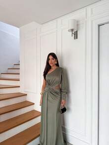 Long Bridesmaid Dress With Mermaid Sleeves, Open At The Waist, Wedding Party Birthday Party Graduation Party Cocktail Formal And Evening Wedding Guest Prom - Màu xanh Ô liu - Xem 4