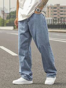 Men's Relaxed Fit Light Blue Straight Leg Jeans, Vintage Y2K Style, Simple & Versatile - Baby Blue - View 3
