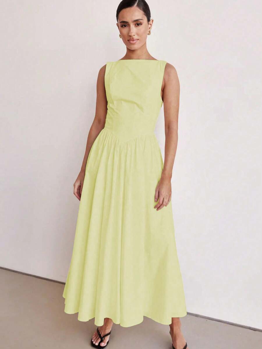 MODA MO, REF: H978 Women's Dress, Long Dress, Sleeveless, Round Neckline, High Waist, Backless, Zipper Dress, Slim Model, A-Line Dress, Elegant, Modern, Light, Comfortable, Versatile, Refined Look, Casual Chic Dress, Event Dress, Sophisticated Look, Summer Dress, Quality Finish, Feminine Style. - 黃色 - 查看 1