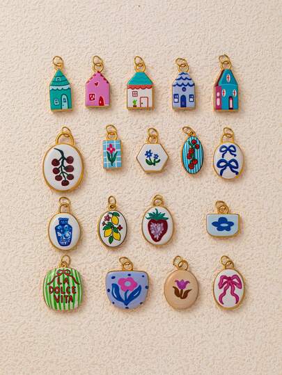 1 pezzo Ciondolo semplice e carino in acciaio inossidabile a forma di casa con fiore, arco e ciliegia, adatto per realizzare collane, bracciali, orecchini, portachiavi, catene per borse, fibbie per merletti, accessori gioiello da donna, accessori fai-da-te