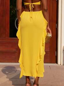 Yess Loren Spaghetti Strap Backless Sleeveless Dress With Ruffle Hem,Pastel Dresses For Women,Sundress - Yellow - View 5
