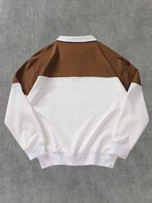 Men's Letter Print Patchwork Pullover Quarter Zip Sweatshirt, Casual Loose Fit Crew Neck Long Sleeve Sweatshirt, Fashionable Spring/Autumn Lightweight Top