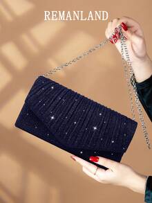 REMANLAND 1个闪亮优雅褶皱女士手提包，时尚迷人女士晚宴钱包，信封式手拿包，带隐藏式卡槽和隔层，配有可拆卸金属链的单肩包，适合派对女孩、新娘，节日最佳礼物 - 藏蓝色 - 查看 3