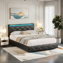 Lit 140/160x200 à Réglable, Lits 2 Places con Rembourré Tête de Lit, Cadre de Lits, con Lattes en Bois, Bed Flottant con Strass Capitonné y PU Noir