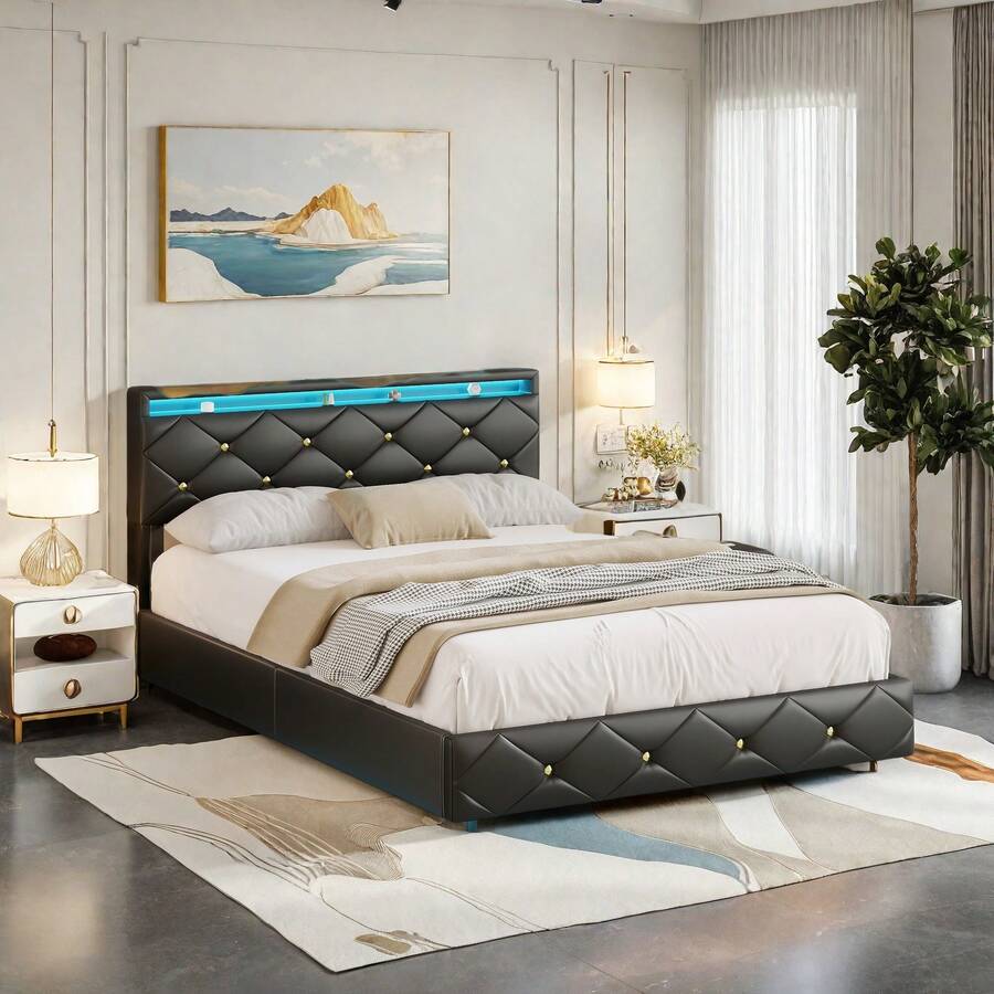 Lit 140/160x200 à Réglable, Lits 2 Places con Rembourré Tête de Lit, Cadre de Lits, con Lattes en Bois, Bed Flottant con Strass Capitonné y PU Noir