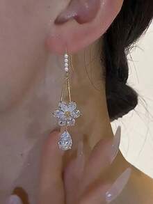 "1 Pair Crystal Water Drop & Zirconia Flower Earrings For Women, Stylish & Elegant Jewelry For Everyday, Parties, Proms, Gifts For Valentine's Day & Mother's Day" - Gold - 查看 9