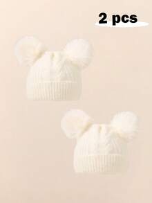 2 件婴儿童保暖内衬针织帽，带绒球和折叠帽檐，秋冬季户外保暖帽婴儿无檐帽 - 彩色 - 查看 5