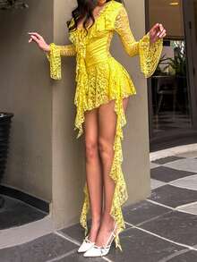 Women's Lace Mini Dress Long Sleeve Deep V Neck Tie-Up Front Ruffle Dress Short Flowy Dress - Yellow - View 3