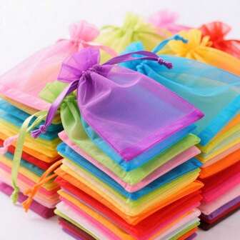10/20/50/100pcs White Organza Gift Bags, New Year Party Candy Bags, Wedding Gift Bags, New Year Party Colorful Drawstring Organza Bags With Ribbons, Multiple Sizes, Baking Packaging Bags, Jewelry Gift Bags, Suitable For Weddings, Back To School Gifts, Family Gatherings, Celebrations, Outdoor Parties, All Seasons, Can Also Be Used As Fruit Protection Bags