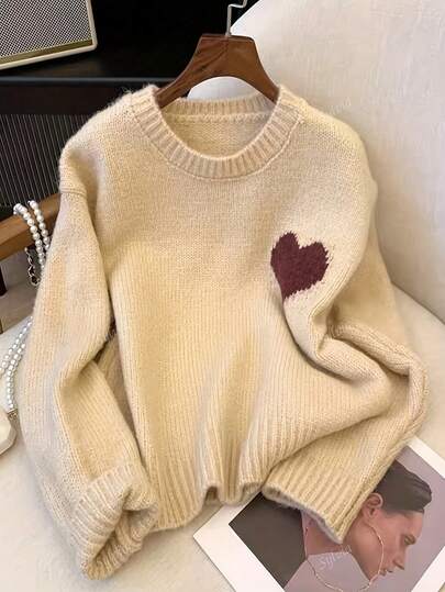 Women's Vintage Casual Loose Commuting Versatile Soft Heart Pattern Pullover Knit Sweater