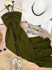 Women's Long Fluid Strapless Dress With Tie - 軍綠色 - 查看 3