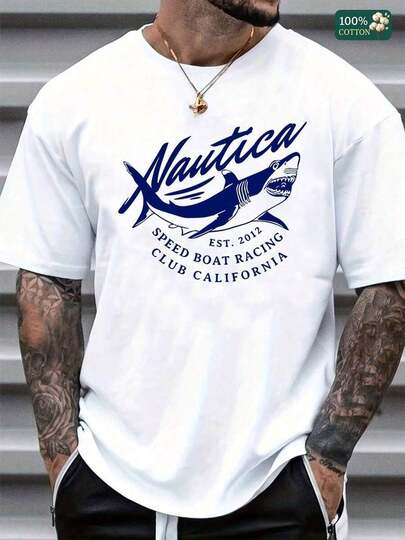 1 pieza Nautica Camiseta gráfica de manga corta de cuello redondo unisex de 100% algodón para hombres, camisetas básicas y tops casuales de verano para hombres, con un diseño de tiburón y "Speed Boat Racing Club California EST." 2012" Impresión - Ligero, Transpirable y Versátil Esencial de Verano para Uso Diario 180g 100% Algodón suave