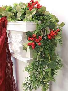 1pc Bohemian Artificial Wreath - Indoor/Outdoor Holiday Decoration With Lush Green Plastic Plants & Red Berries, No Feathers/Lights, Multi-Holiday Decor For Halloween, Thanksgiving, Christmas, Festive Home Accent, Natural Festive Look, Berry Embellishments, Outdoor Ornament, Rustic Charm, Durable Material, Seasonal Decorators - Multicolor - View 6