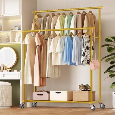 2026 Hot Selling-Double Rods Clothes Rack, Gold Rolling Clothing Racks Hanging Clothes, Metal Portable Garment Rack Bedroom, Cloakroom, Laundry Room-New Fashion