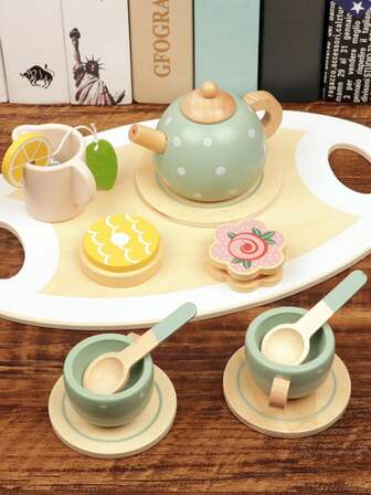 儿童木制茶具，幼儿玩具厨房配件，公主茶会，带玩具食物，儿童过家家茶具玩具，提高想象力和社交技能