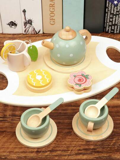 Juego de té de madera para niños, accesorios de cocina de juego para niños pequeños, fiesta de té de princesa con comida de juguete, juego de té de juego de imitación para niños, mejora la imaginación y las habilidades sociales