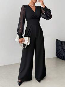 Elegant Black V-Neck Long Sleeve Straight Sheer Mesh Jumpsuit With Rivet Decor, Machine Washable, Exquisite Style - Black - View 2