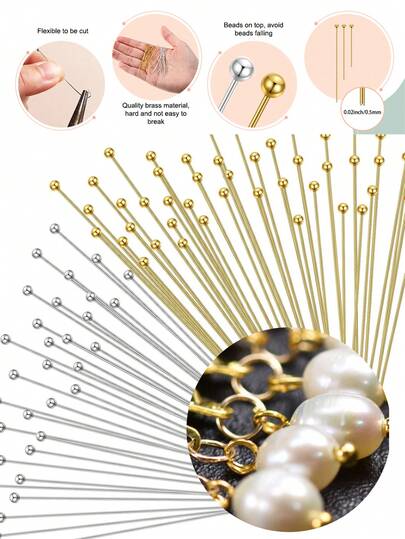 200pcs/Pack Elegant Simple Round Head Pins, Ball Pins, Large Head Pins, Copper Beading Needles For DIY Jewelry Making Necklace Bracelet Accessories