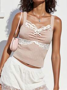 Women's Y2K Knit Cami Tank Tops Vintage Lace Trim Bow Decor Square Neck Sleeveless Slim Fit Ribbed Camisole Crop Top Summer Backless Kintted Vests Shirts Teen Girls Fairy Grunge Aesthetic Clothes Party Club Streetwear - 粉色 - 查看 3