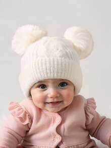 2 件婴儿童保暖内衬针织帽，带绒球和折叠帽檐，秋冬季户外保暖帽婴儿无檐帽 - 彩色 - 查看 7