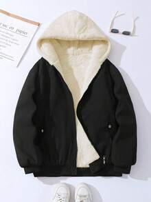 女式超大号连帽派克大衣，仿毛领，修身廓形，双口袋，可双面穿，休闲街头风，秋冬短款夹克 - 黑與白 - 查看 4