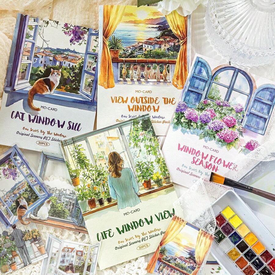 30 arkuszy naklejek PET z motywem krajobrazu, w stylu akwarelowym, seria "The One By The Window", ręcznie robione naklejki dekoracyjne do scrapbookingu - Wielokolorowe - Zobacz 1