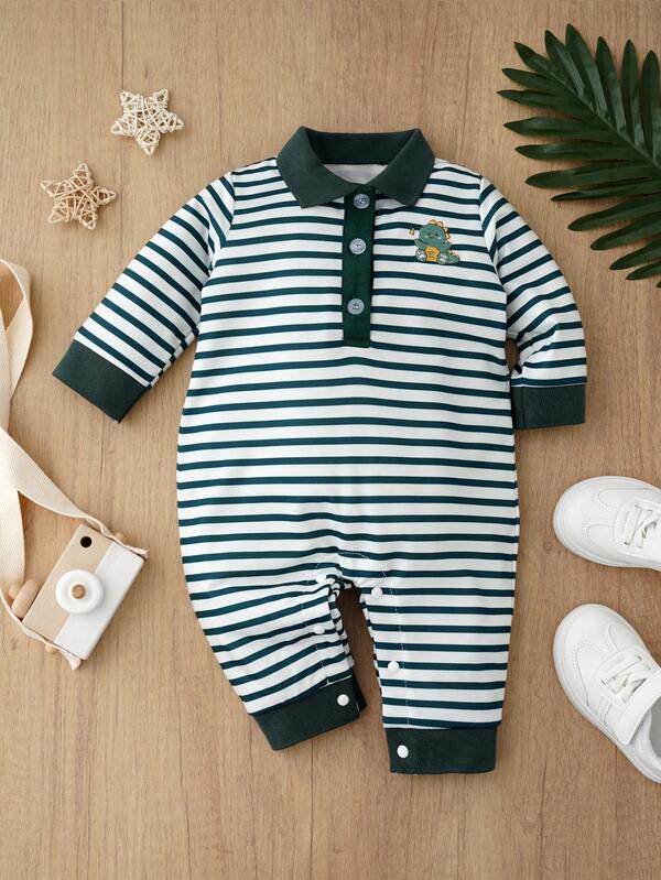 1pc Baby Dinosaur Embroidery Green Striped Romper, Polo Collar Long Sleeve Outerwear Infant Jumpsuit