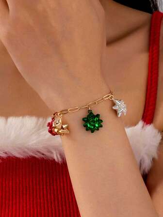 1 件圣诞饰品手链，配彩色蝴蝶结饰物 - 女士女孩节日礼物珠宝，金色链条节日配饰