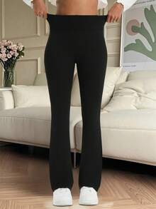 Trioutop 女士高腰喇叭裤，柔软瑜伽裤，收腹提臀，弹力休闲裤，日常穿着 | 女装，女士打底裤，冬季裤装，冬季打底裤，冬季下装 - 黑色 - 查看 4