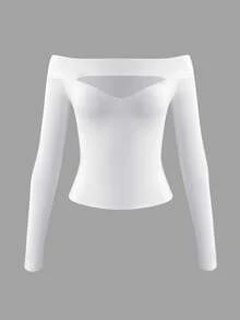 XLLAIS 2025 Autumn/Winter Women's Sexy Long Sleeve White Off-Shoulder Top, High Stretch Hollow Out Fitted T-Shirt - White - View 10