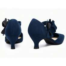 Zapatos de tacón bajo para mujer, con punta cerrada y sin cordones, con flores, cómodos, para fiestas formales y bailes. - Azul Marino - Ver 5