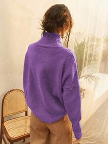 Knit Mix 优雅女士高领宽松针织毛衣，加厚长袖套头衫，适合秋冬季节，情人节和返校季时尚必备单品 - 紫藍 - 查看 12