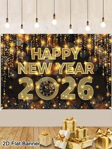 1pc Black Golden Happy New Year Banner 2026 150*100cm Shining Clock Pattern New Year Backdrop Photo Booth Festival Background Cloth Christmas Decorative Wall Hanging Tapestry Room Home Decor Happy New Year 2026 Decorations