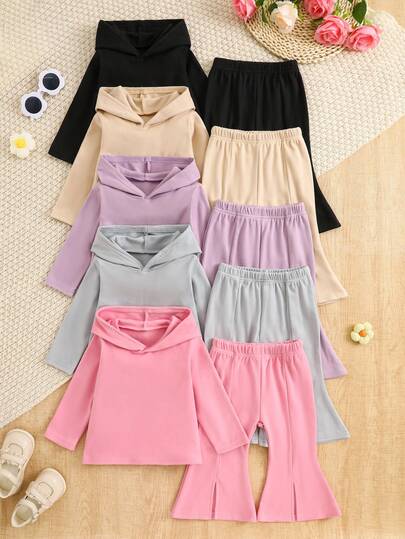 10-Piece Set Of Girls' Casual Solid-Color (Pink, Purple, Gray, Apricot, Black) Soft And Comfortable Thermal Velvet Hoodies And Sweatpants Sets.