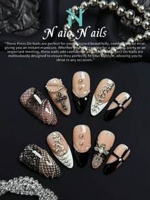 NAIO 10片/套手工制作杏仁形Y2K复古风美甲贴片，裸色、黑色和白色法式贴片，蕾丝网格设计，饰以十字架和银色钢珠。非常适合女性和女孩的日常妆容，也适合派对、庆典和其他场合。套装内含工具，是送给女性和女孩的绝佳礼物。美甲用品 手工美甲贴片 - 彩色 - 查看 4