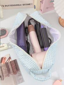 1Pc/Set Gingham Print Quilted Cute Hair Dryer Storage Bag Curling Irons Storage Bag Hair Dryer Holder Hair Tool Bag Hair Clips Storage Bag Travel Storge Bag Set Travel Carrying Organizer Bag For Crimping Hair Tools(Curling Iron, Hair Dryer), Hair Clips, Hair Straightener, Small Items Multi-Functional Storage Bags Travel Essentials Cruise Essentials Dorm Essentials Back To School Gifts Mom Gifts Bridesmaid Gifts Gift For Valentine's Day - Blue - View 16