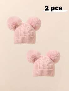 2 件婴儿童保暖内衬针织帽，带绒球和折叠帽檐，秋冬季户外保暖帽婴儿无檐帽 - 彩色 - 查看 14