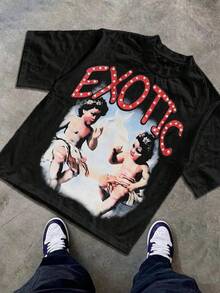 "EXOTIC" Vintage - Inspired Graphic Tee Y2k Style Tee (220g Cotton T-Shirt) Printed T-Shirts, Unisex T-Shirts, Casual And Comfortable To Wear Men's Summer Round Neck Short Sleeve T-Shirts, Fashion Printed T-Shirts, Uni T-Shirts, Casual And Comfortable To Wear Vintage - Style Graphic T - Shirt (220g Cotton T-Shirt) Streetwear Tee Printed T-Shirts, Cotton T Shirt Unisex T-Shirts, Casual And Comfortable To Wear Men's T - Shirt Ideal For Both Casual Outings And Home Relaxation Funny T Shirts Graphic Tee - 黑色 - 查看 1