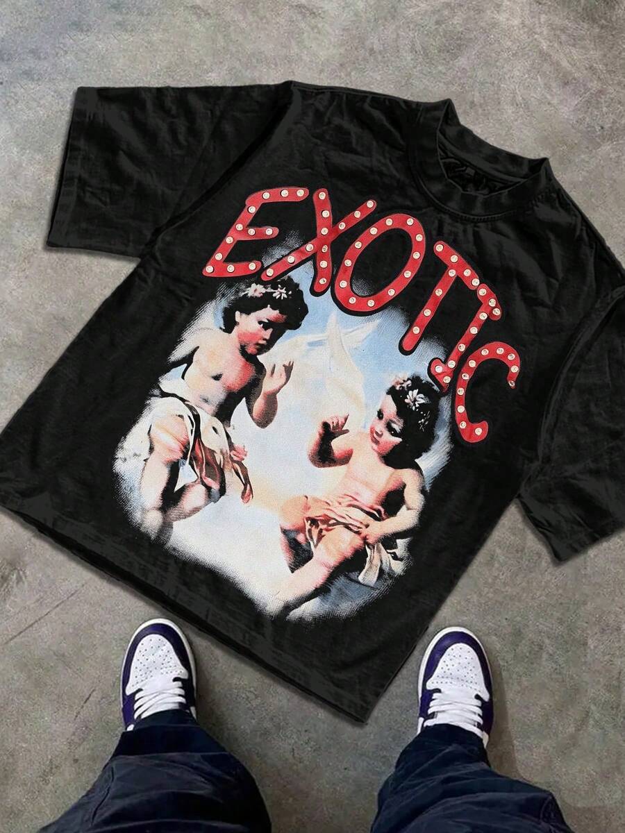 "EXOTIC" Vintage - Inspired Graphic Tee Y2k Style Tee (220g Cotton T-Shirt) Printed T-Shirts, Unisex T-Shirts, Casual And Comfortable To Wear Men's Summer Round Neck Short Sleeve T-Shirts, Fashion Printed T-Shirts, Uni T-Shirts, Casual And Comfortable To Wear Vintage - Style Graphic T - Shirt (220g Cotton T-Shirt) Streetwear Tee Printed T-Shirts, Cotton T Shirt Unisex T-Shirts, Casual And Comfortable To Wear Men's T - Shirt Ideal For Both Casual Outings And Home Relaxation Funny T Shirts Graphic Tee - 黑色 - 查看 1