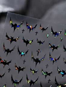 1pc Halloween Dark Bat Sticker, Red Gold Foil Nail Art Sticker, Goth Style Bat Sticker With Adhesive, Suitable For DIY Artistic Charm Design - Black - View 2