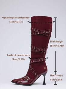 Sexy Women Knee High Boots Punk Buckle Kitten High Heels Boots Luxury Elegant Fashion Design Party Halloween Shoes - Màu Đỏ Sâu - Xem 6