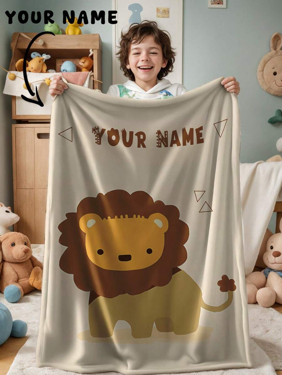 1pc Customizable Text Family Blanket, Lion Pattern Blanket, Memorial Blanket. Suitable As A Girlfriend/Boyfriend, Adult, Valentine's Day, Lightweight, Baby Blanket, Personalized Throw Blanket, Personalized Photo Blanket, Custom Throw Blanket, Personalized Baby Blanket, Newborn Blanket, Suitable For Mother's Day, Birthday, Children's Day, Father's Day, Graduation, Wedding, Christmas, Halloween, For Home Sofa, Bed, Car, Bedroom, Living Room, Throw Blanket, Area Rug, Baby Blanket. - Multicolor - View 1