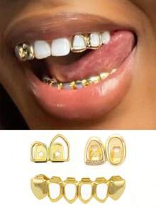 1 Set Unique Hollow Combination Zirconia Teeth Grillz, Includes 4-Hole & 6-Tooth Hip Hop Teeth Jewelry Accessories, Suitable For Cosplay, Stage, Holidays, Gift With Tooth Gel