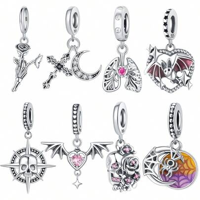 PANPOKI 1 Pc S925 Sterling Silver Halloween Fine Charm Beads Bat Spider Skull Pendant For Original Bracelet Necklace DIY Fine Jewelry Fit For Halloween Party Jewelry Accessories