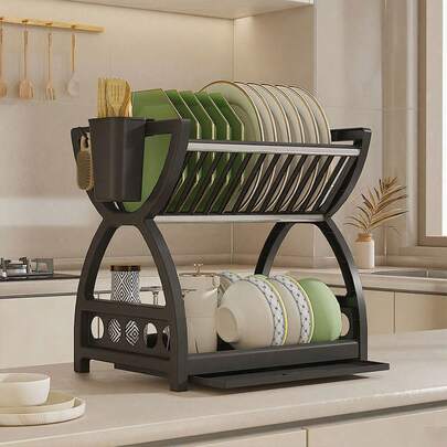 1pc Plastic Kitchen Rack, Dish Drainer, Multifunctional Bowl Cabinet, Plate & Cutlery Organizer, Double Layer Tableware Holder