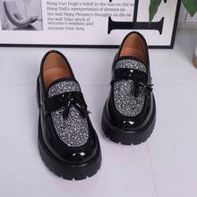 Water Diamond Lacquered Leather Thick Sole Men's High-End Leather Loafers, Fashionable And Casual Versatile Shoes,Suitable For Weddings, Parties, Festivals And Casual Leather Shoes - Đen và trắng - Xem 1