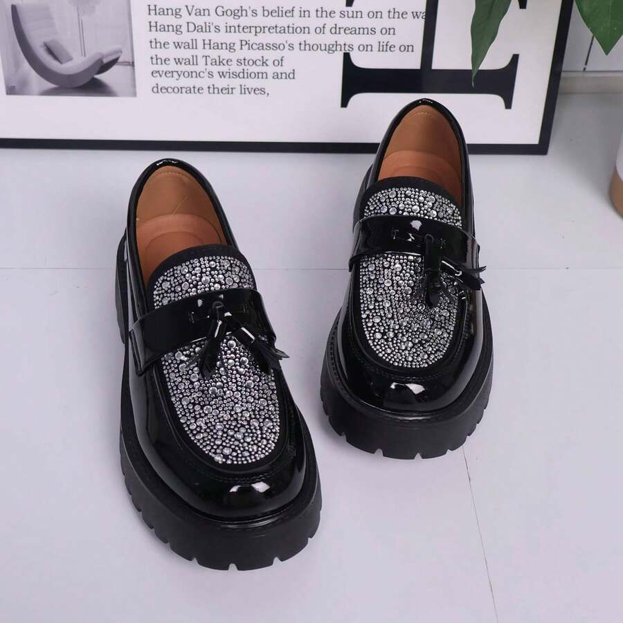Water Diamond Lacquered Leather Thick Sole Men's High-End Leather Loafers, Fashionable And Casual Versatile Shoes,Suitable For Weddings, Parties, Festivals And Casual Leather Shoes - Đen và trắng - Xem 1