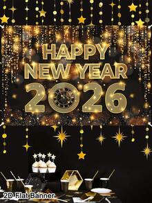 1pc Black Golden Happy New Year Banner 2026 150*100cm Shining Clock Pattern New Year Backdrop Photo Booth Festival Background Cloth Christmas Decorative Wall Hanging Tapestry Room Home Decor Happy New Year 2026 Decorations