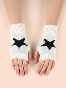 1 Pair Women's Star Print Fingerless Thumb Hole Knitted Wrist Length Mitten Gloves, Warm And Comfortable Fabric, Y2K Style Halloween - trắng - Xem 5